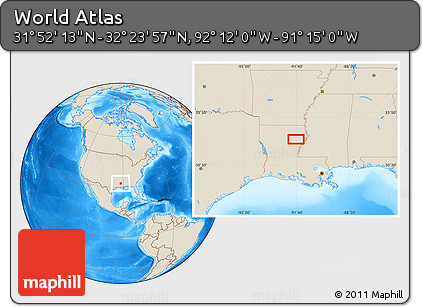 Shaded Relief Location Map of the Area around 32° 8' 5" N, 91° 43' 29" W