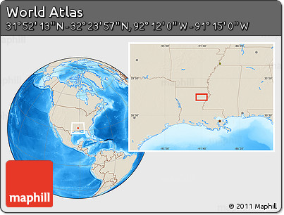 Shaded Relief Location Map of the Area around 32° 8' 5" N, 91° 43' 29" W