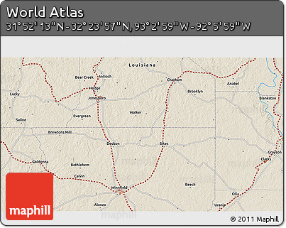 Shaded Relief 3D Map of the Area around 32° 8' 5" N, 92° 34' 29" W