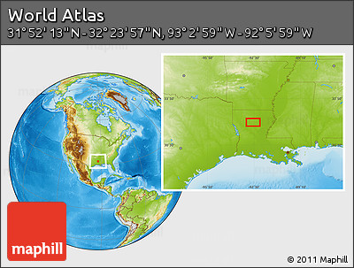 Physical Location Map of the Area around 32° 8' 5" N, 92° 34' 29" W