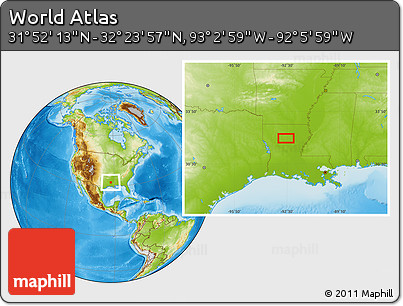 Physical Location Map of the Area around 32° 8' 5" N, 92° 34' 29" W