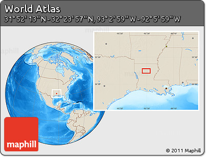 Shaded Relief Location Map of the Area around 32° 8' 5" N, 92° 34' 29" W
