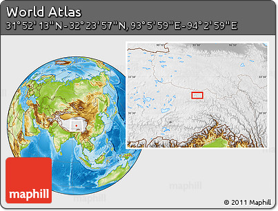 Physical Location Map of the Area around 32° 8' 5" N, 93° 34' 29" E