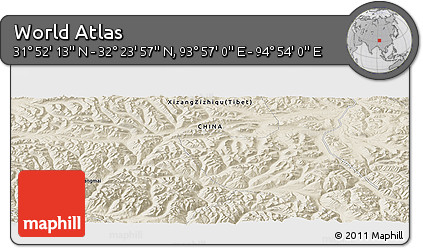 Shaded Relief Panoramic Map of the Area around 32° 8' 5" N, 94° 25' 30" E