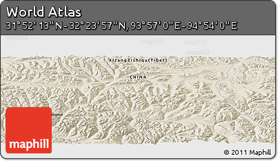 Shaded Relief Panoramic Map of the Area around 32° 8' 5" N, 94° 25' 30" E