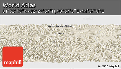 Shaded Relief Panoramic Map of the Area around 32° 8' 5" N, 94° 25' 30" E