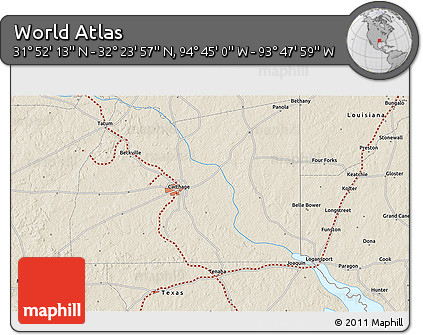 Shaded Relief 3D Map of the Area around 32° 8' 5" N, 94° 16' 30" W