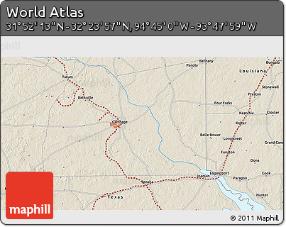 Shaded Relief 3D Map of the Area around 32° 8' 5" N, 94° 16' 30" W