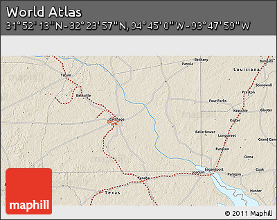 Shaded Relief 3D Map of the Area around 32° 8' 5" N, 94° 16' 30" W