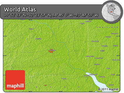 Physical Map of the Area around 32° 8' 5" N, 94° 16' 30" W