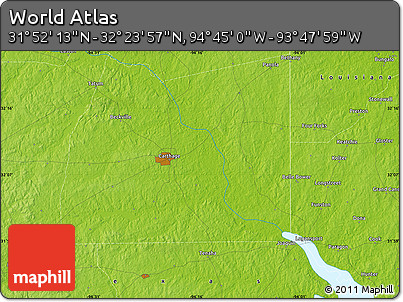 Physical Map of the Area around 32° 8' 5" N, 94° 16' 30" W