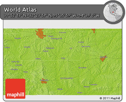 Physical 3D Map of the Area around 32° 8' 5" N, 95° 7' 30" W