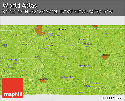 Physical 3D Map of the Area around 32° 8' 5" N, 95° 7' 30" W