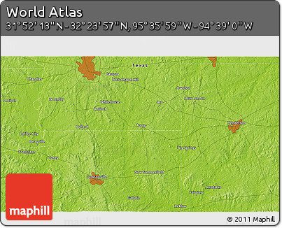 Physical 3D Map of the Area around 32° 8' 5" N, 95° 7' 30" W