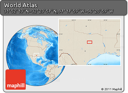 Shaded Relief Location Map of the Area around 32° 8' 5" N, 96° 49' 29" W