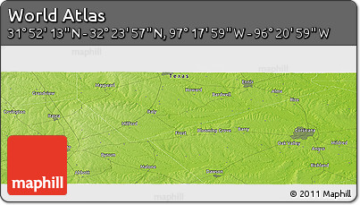 Physical Panoramic Map of the Area around 32° 8' 5" N, 96° 49' 29" W