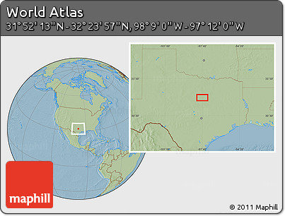 Savanna Style Location Map of the Area around 32° 8' 5" N, 97° 40' 30" W, hill shading