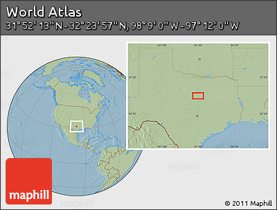 Savanna Style Location Map of the Area around 32° 8' 5" N, 97° 40' 30" W, hill shading