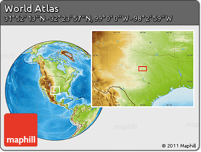 Physical Location Map of the Area around 32° 8' 5" N, 98° 31' 30" W