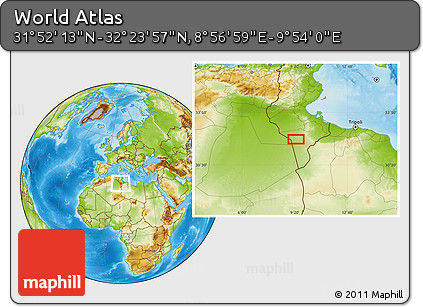 Physical Location Map of the Area around 32° 8' 5" N, 9° 25' 30" E