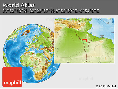 Physical Location Map of the Area around 32° 8' 5" N, 9° 25' 30" E