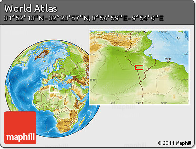 Physical Location Map of the Area around 32° 8' 5" N, 9° 25' 30" E