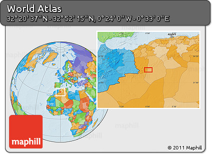 Political Location Map of the Area around 32° 36' 26" N, 0° 4' 30" E