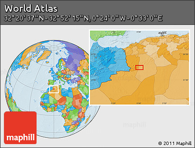 Political Location Map of the Area around 32° 36' 26" N, 0° 4' 30" E