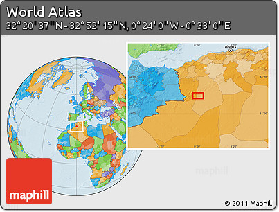 Political Location Map of the Area around 32° 36' 26" N, 0° 4' 30" E