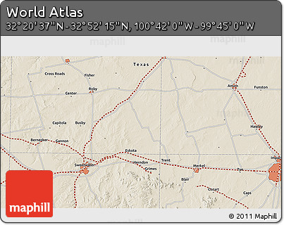 Shaded Relief 3D Map of the Area around 32° 36' 26" N, 100° 13' 29" W