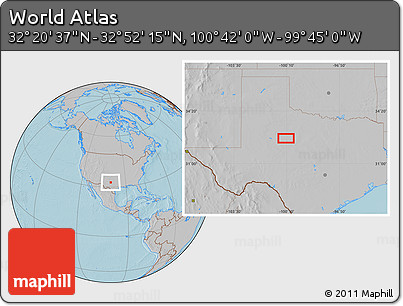 Gray Location Map of the Area around 32° 36' 26" N, 100° 13' 29" W, hill shading