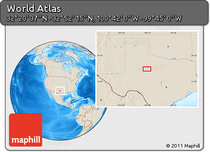 Shaded Relief Location Map of the Area around 32° 36' 26" N, 100° 13' 29" W