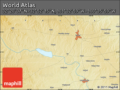 Physical Map of the Area around 32° 36' 26" N, 101° 4' 29" W
