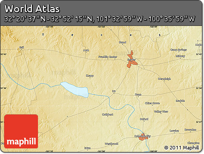 Physical Map of the Area around 32° 36' 26" N, 101° 4' 29" W