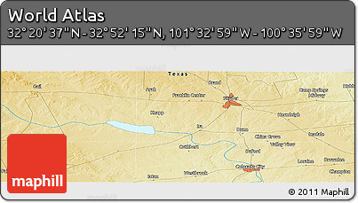 Physical Panoramic Map of the Area around 32° 36' 26" N, 101° 4' 29" W