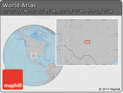 Gray Location Map of the Area around 32° 36' 26" N, 101° 55' 30" W, hill shading