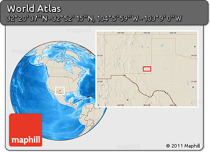 Shaded Relief Location Map of the Area around 32° 36' 26" N, 103° 37' 30" W