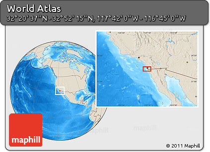 Shaded Relief Location Map of the Area around 32° 36' 26" N, 117° 13' 29" W
