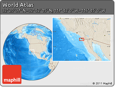 Shaded Relief Location Map of the Area around 32° 36' 26" N, 117° 13' 29" W