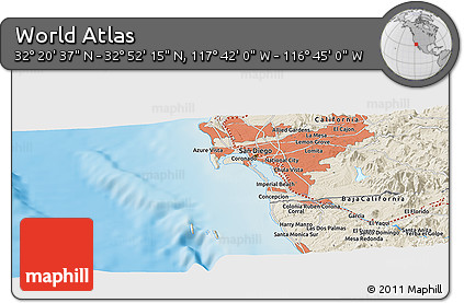Shaded Relief Panoramic Map of the Area around 32° 36' 26" N, 117° 13' 29" W