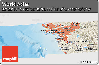 Shaded Relief Panoramic Map of the Area around 32° 36' 26" N, 117° 13' 29" W