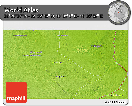 Physical 3D Map of the Area around 32° 36' 26" N, 11° 7' 30" E