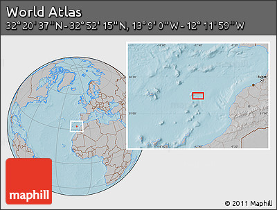 Gray Location Map of the Area around 32° 36' 26" N, 12° 40' 30" W, hill shading