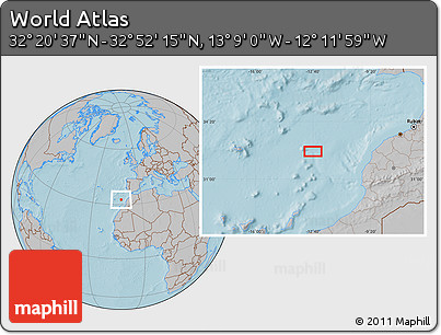 Gray Location Map of the Area around 32° 36' 26" N, 12° 40' 30" W, hill shading