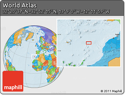 Political Location Map of the Area around 32° 36' 26" N, 12° 40' 30" W