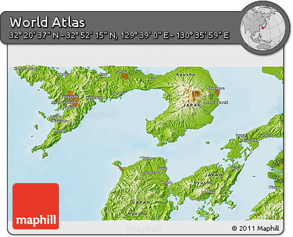 Physical 3D Map of the Area around 32° 36' 26" N, 130° 7' 30" E