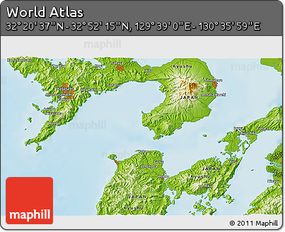 Physical 3D Map of the Area around 32° 36' 26" N, 130° 7' 30" E