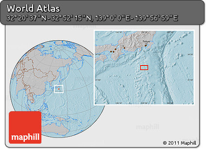 Gray Location Map of the Area around 32° 36' 26" N, 139° 28' 29" E, hill shading