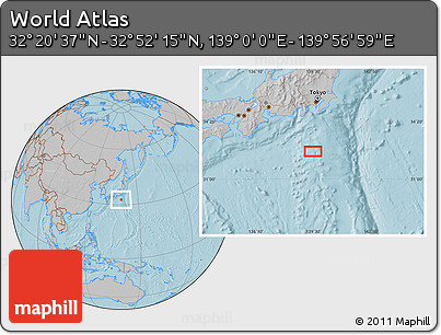 Gray Location Map of the Area around 32° 36' 26" N, 139° 28' 29" E, hill shading