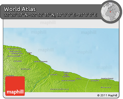 Physical 3D Map of the Area around 32° 36' 26" N, 14° 31' 30" E